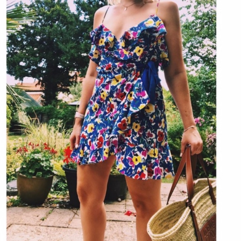 Floral Ruffle Wrap Mini Dress - Blue